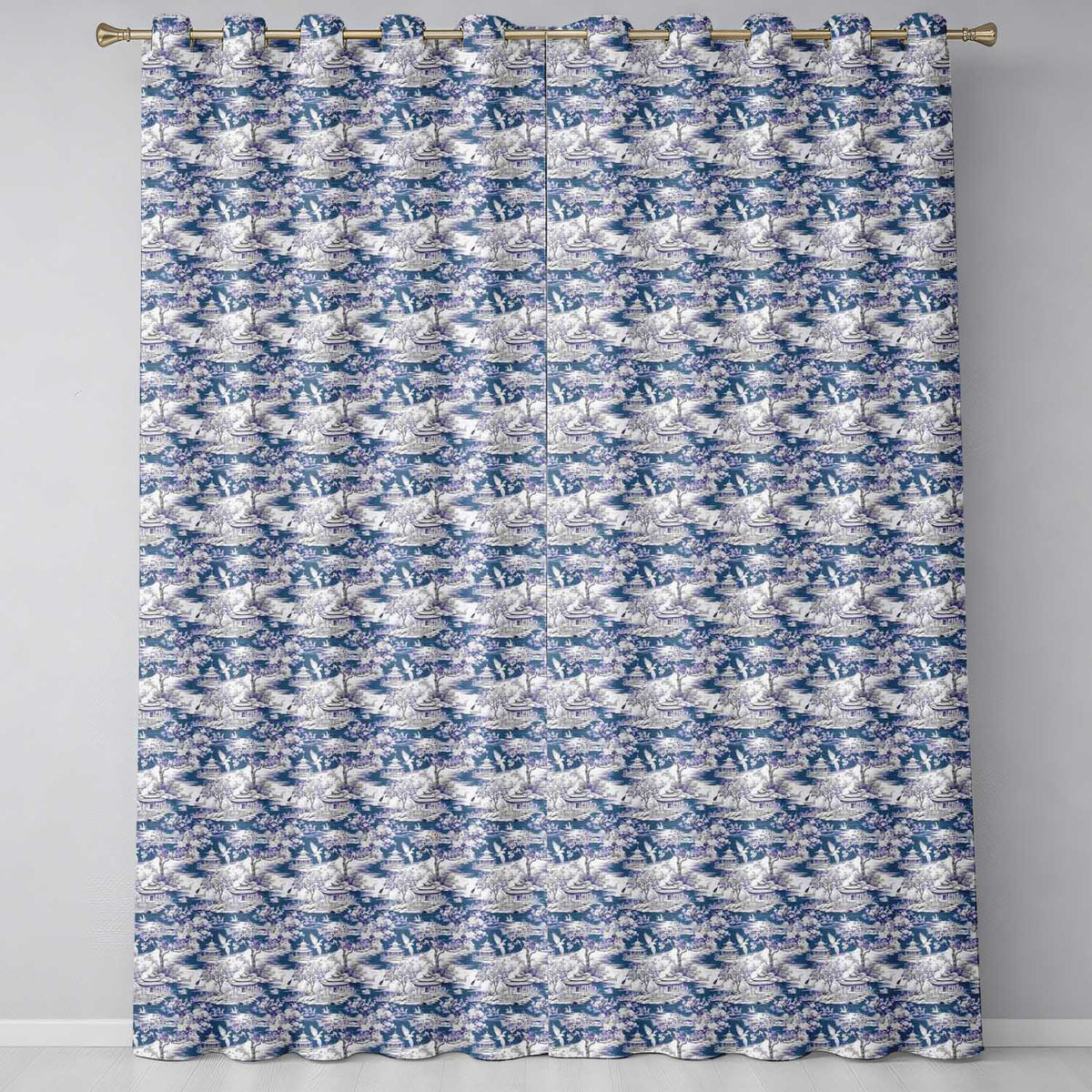Detailed Blue Crane Garden Pagoda Scenic Seamless Pattern Readymade Eyelet Ring Top Thermal 100% Blackout Curtains