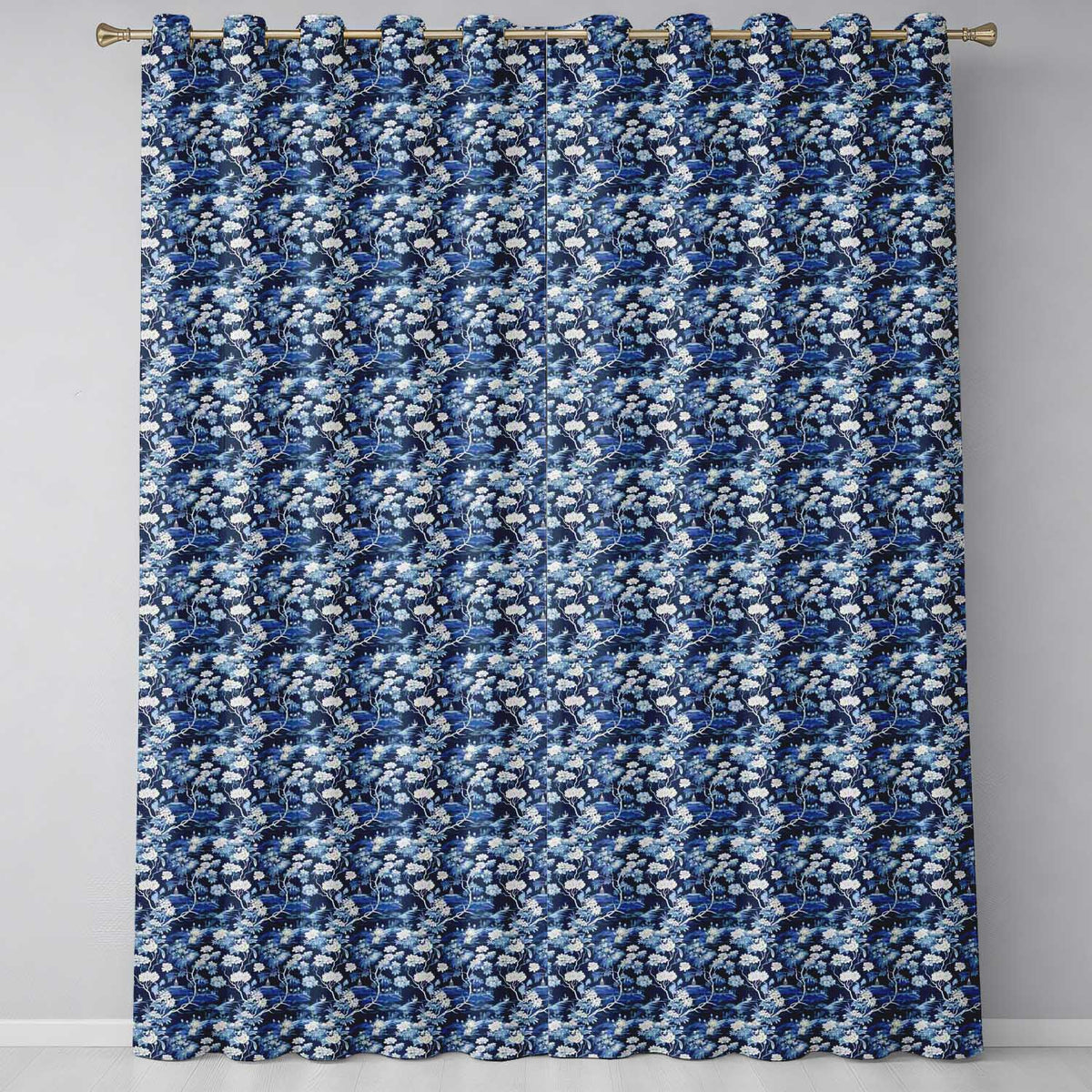 Elegant Blue Toile Garden Landscape Floral Seamless Pattern Readymade Eyelet Ring Top Thermal 100% Blackout Curtains