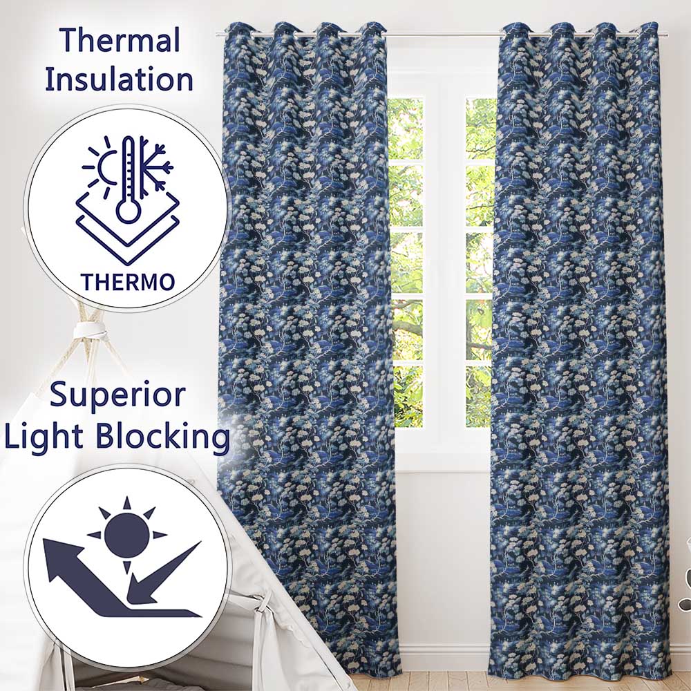 Elegant Blue Toile Garden Landscape Floral Seamless Pattern Readymade Eyelet Ring Top Thermal 100% Blackout Curtains