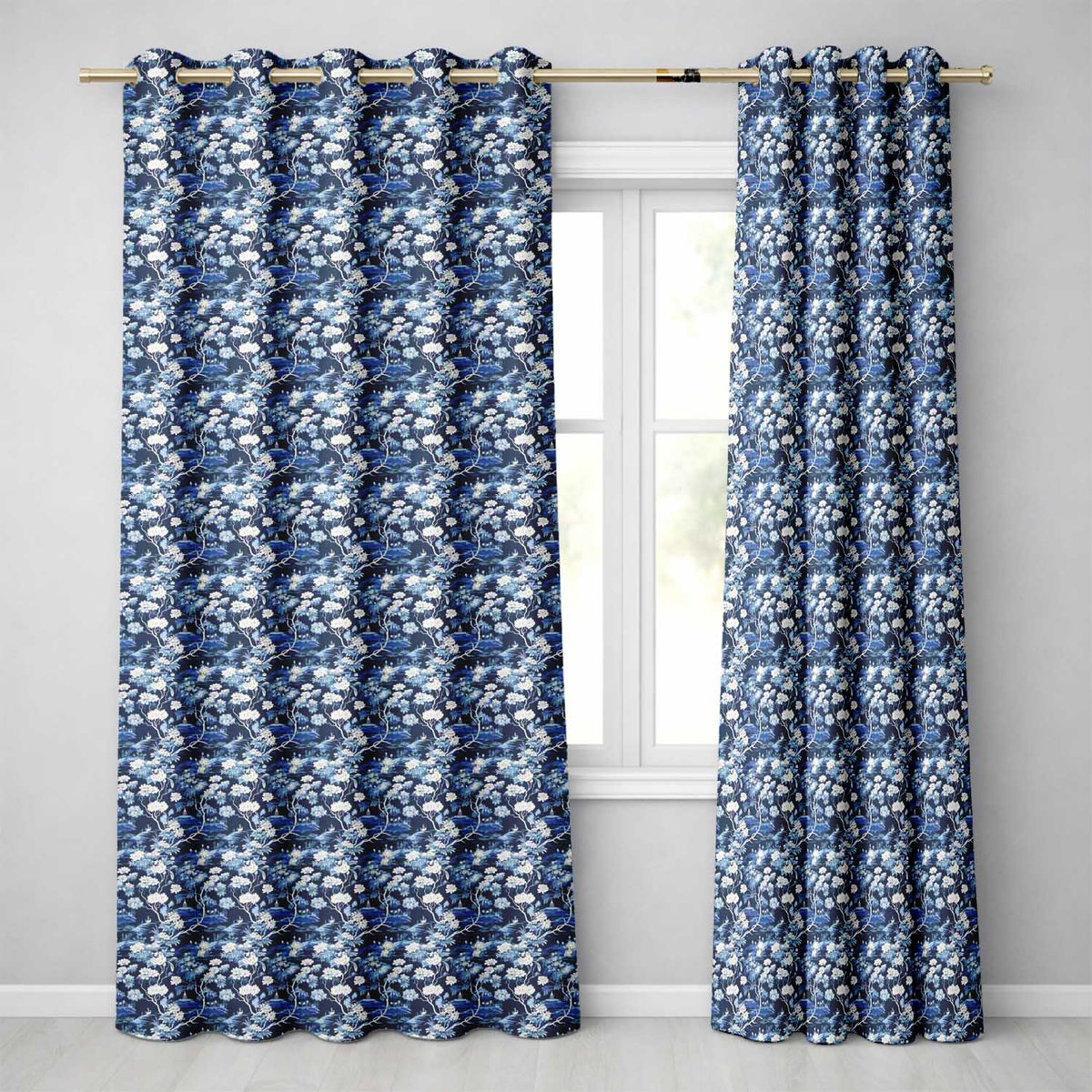 Elegant Blue Toile Garden Landscape Floral Seamless Pattern Readymade Eyelet Ring Top Thermal 100% Blackout Curtains