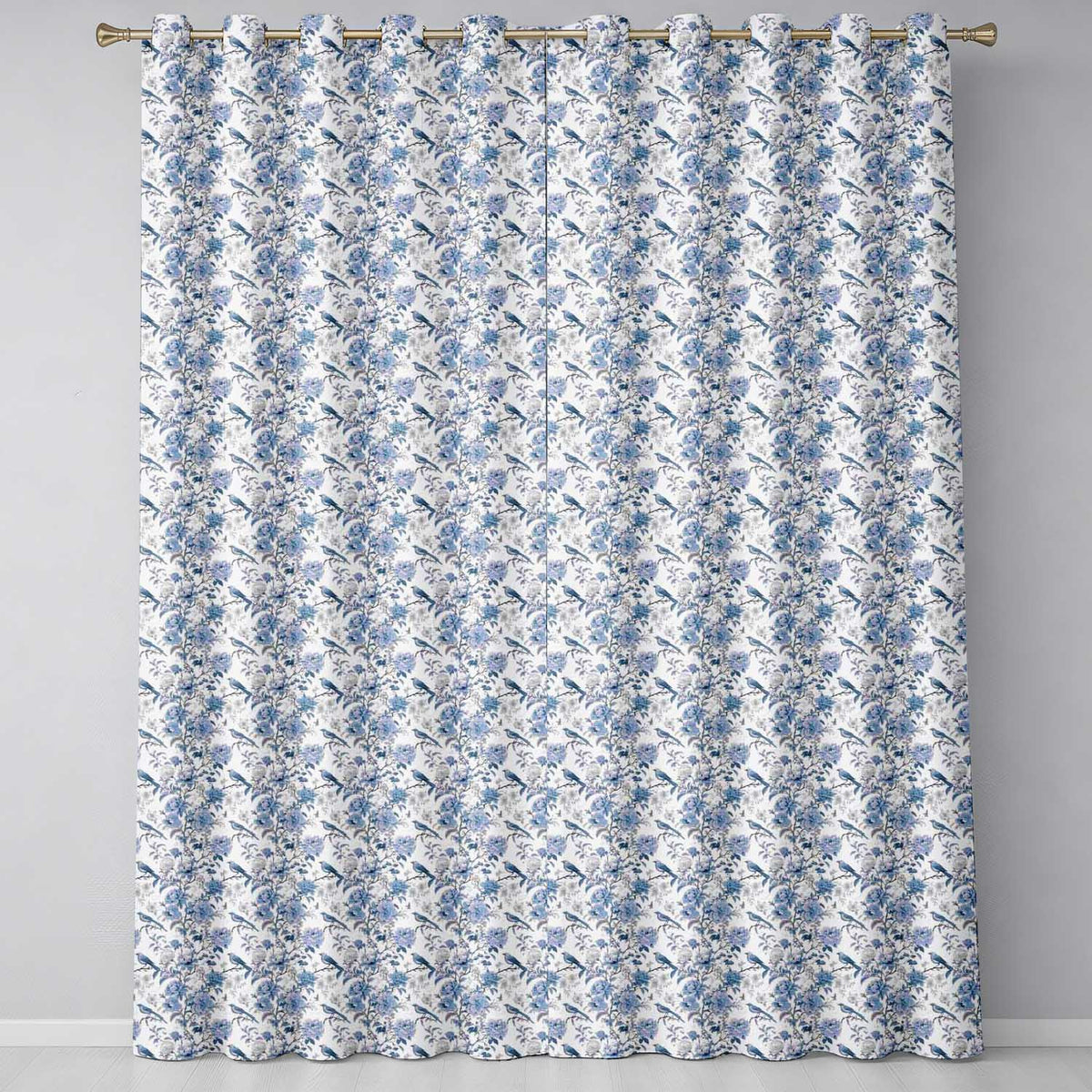 Vintage Blue Birds and Rose Blossom Floral Seamless Pattern Readymade Eyelet Ring Top Thermal 100% Blackout Curtains
