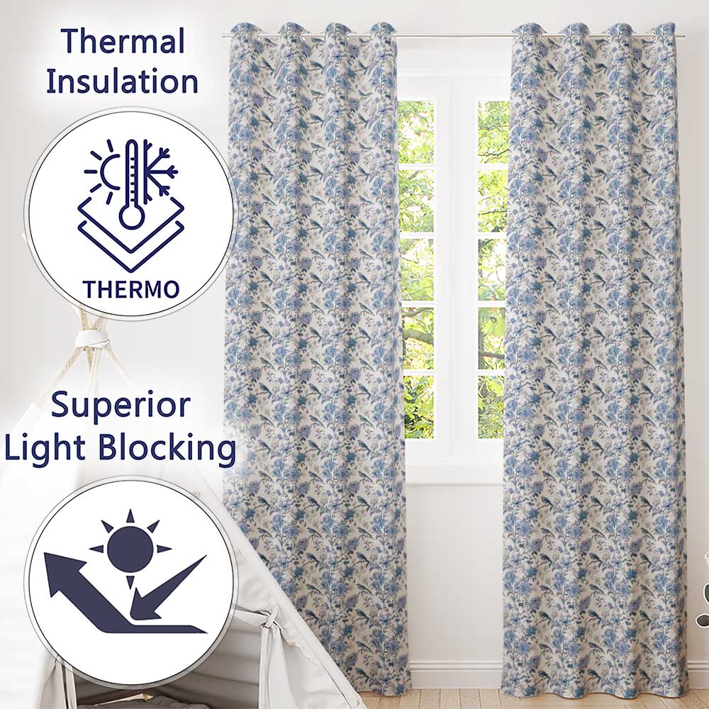 Vintage Blue Birds and Rose Blossom Floral Seamless Pattern Readymade Eyelet Ring Top Thermal 100% Blackout Curtains