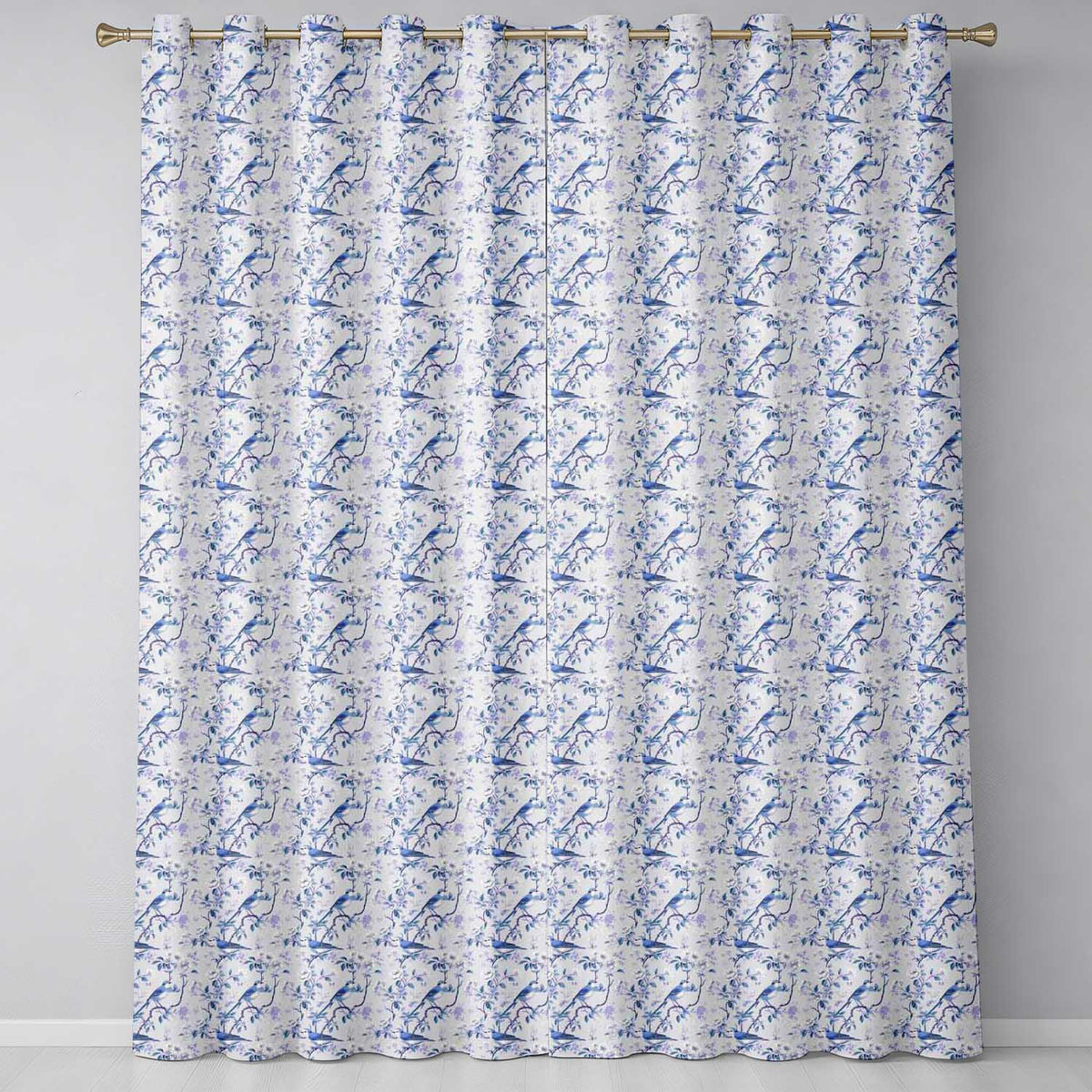 Soft Blue Songbird Twig Floral Chinoiserie Seamless Pattern Readymade Eyelet Ring Top Thermal 100% Blackout Curtains