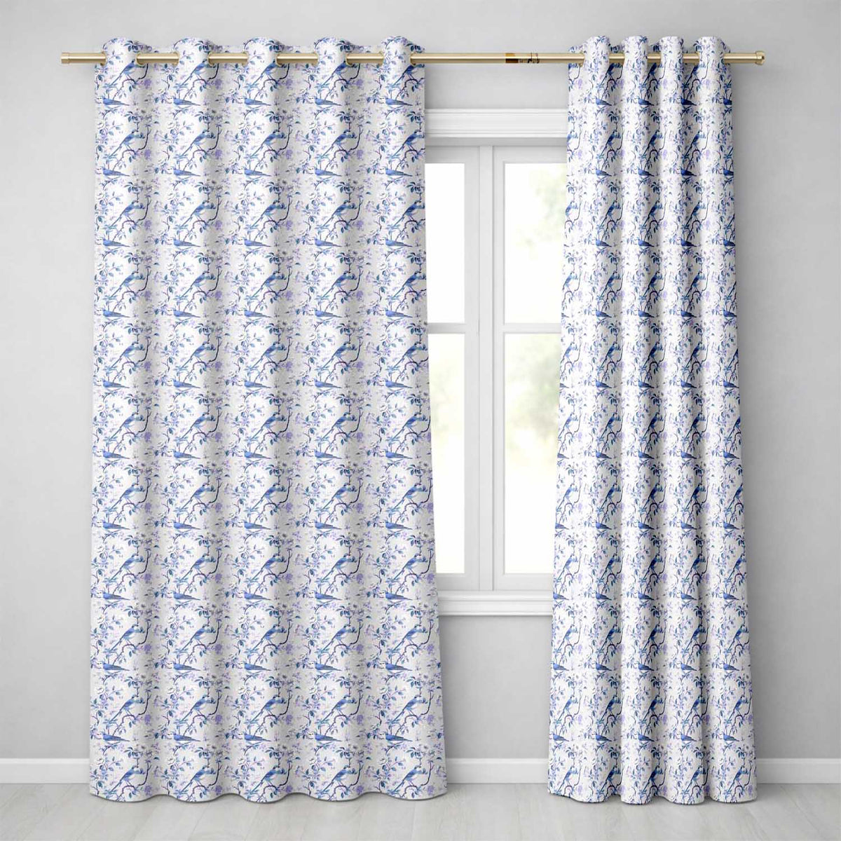 Soft Blue Songbird Twig Floral Chinoiserie Seamless Pattern Readymade Eyelet Ring Top Thermal 100% Blackout Curtains