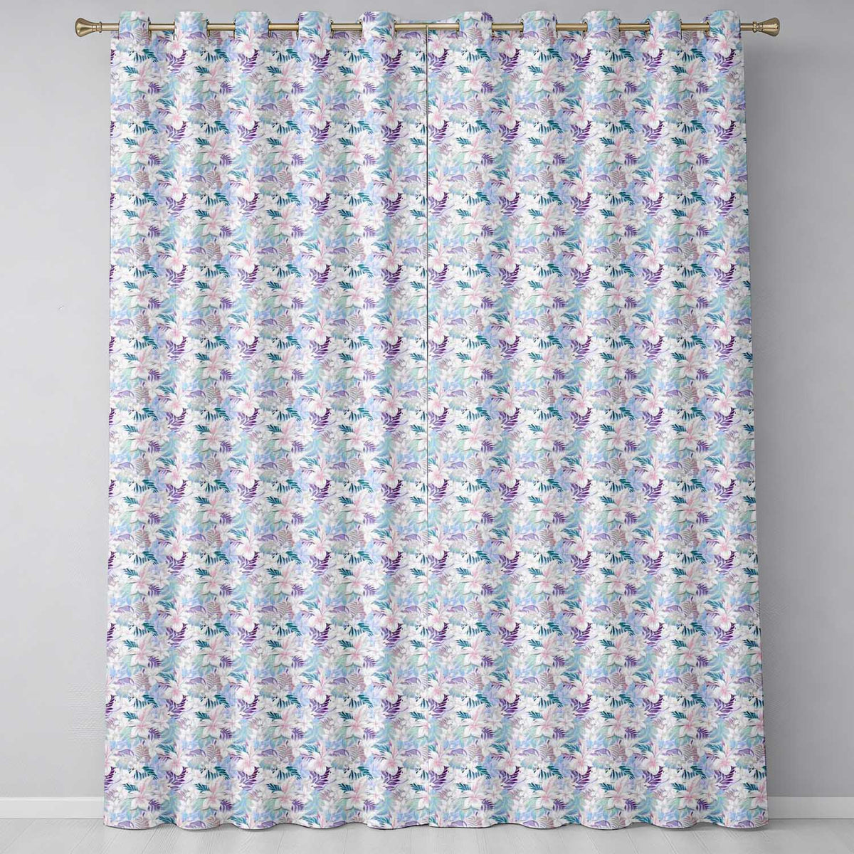 Pastel Tropical Hibiscus Lilys Leaf Floral Seamless Pattern Readymade Eyelet Ring Top Thermal 100% Blackout Curtains