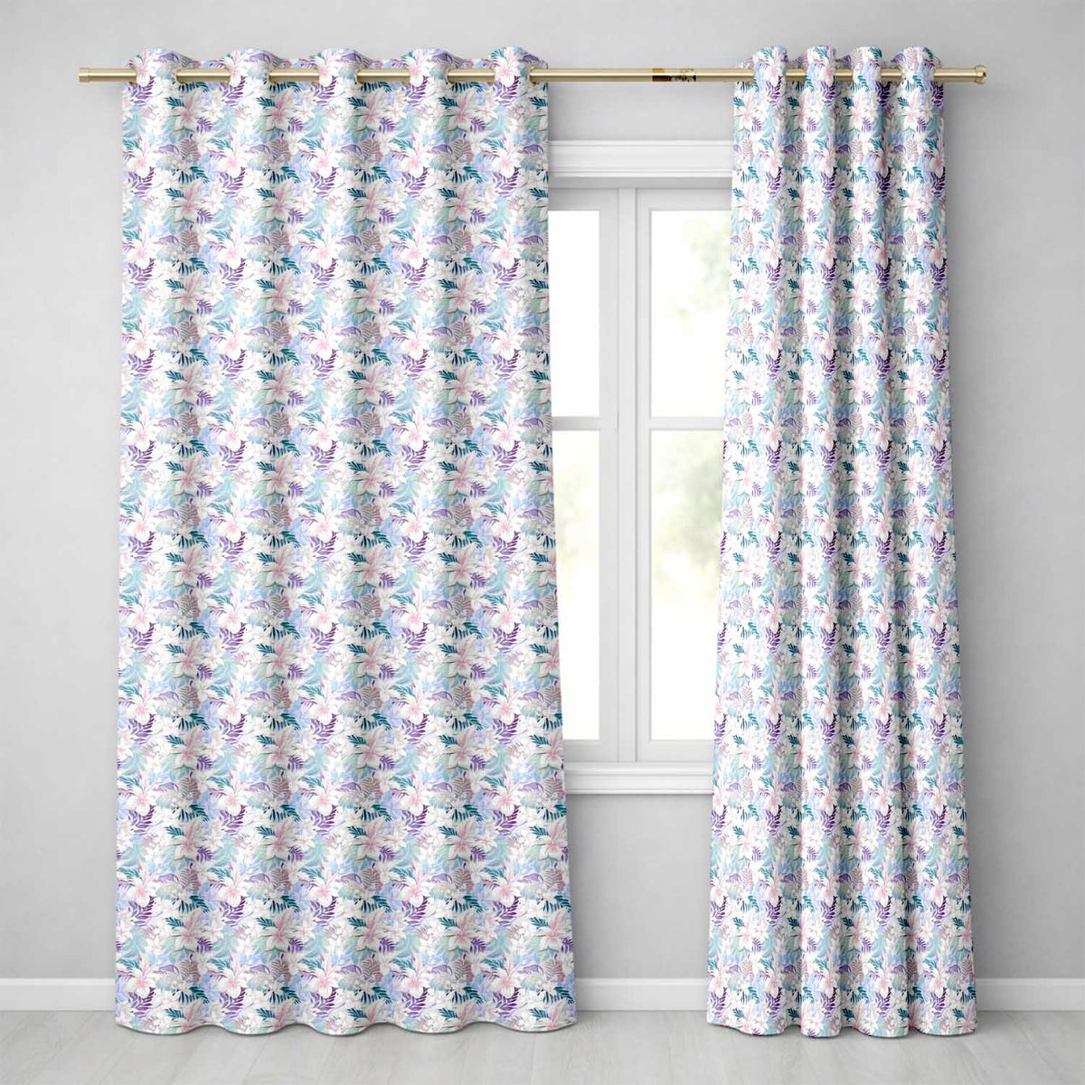 Pastel Tropical Hibiscus Lilys Leaf Floral Seamless Pattern Readymade Eyelet Ring Top Thermal 100% Blackout Curtains