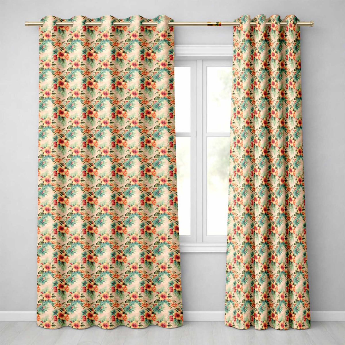 Vintage Beige Tropic Hibiscus Palm Floral Seamless Pattern Readymade Eyelet Ring Top Thermal 100% Blackout Curtains