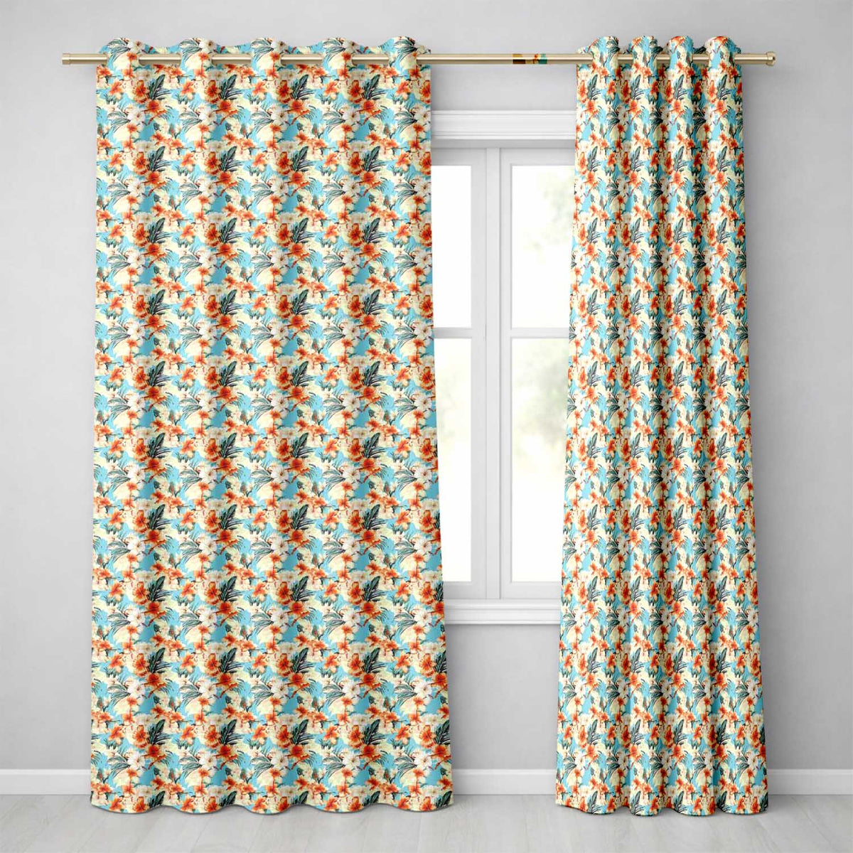 Soft Blue Tropical Hibiscus Island Floral Seamless Pattern Readymade Eyelet Ring Top Thermal 100% Blackout Curtains