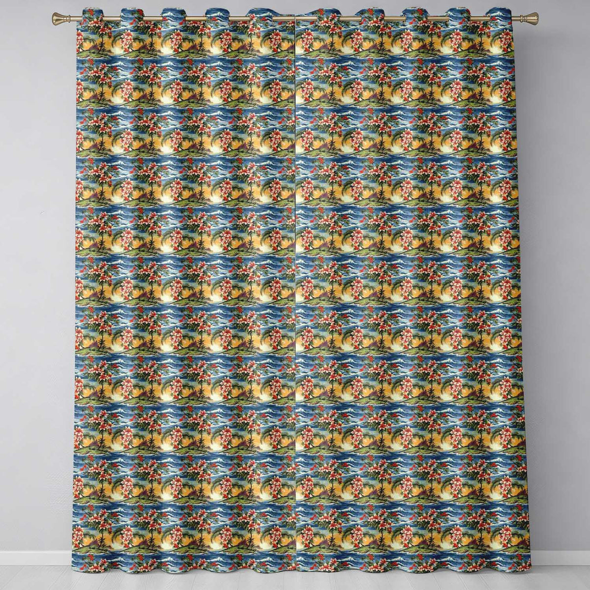 Exotic Island Hibiscus Ocean Wave Scenic Seamless Pattern Readymade Eyelet Ring Top Thermal 100% Blackout Curtains