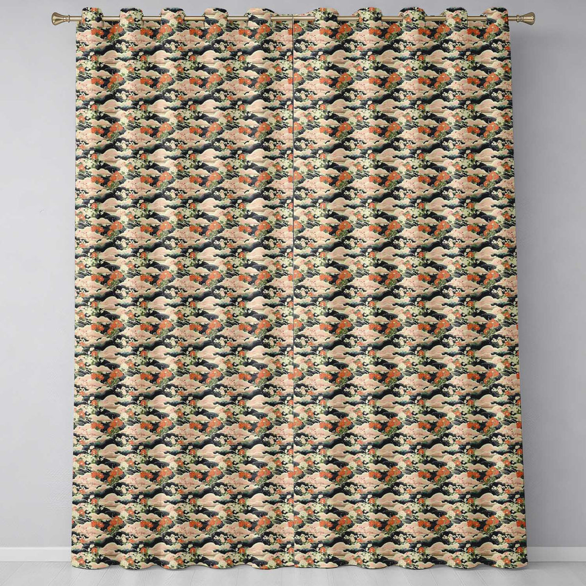 Vintage Floral Waves Chrysanthemum Seamless Pattern Art Readymade Eyelet Ring Top Thermal 100% Blackout Curtains