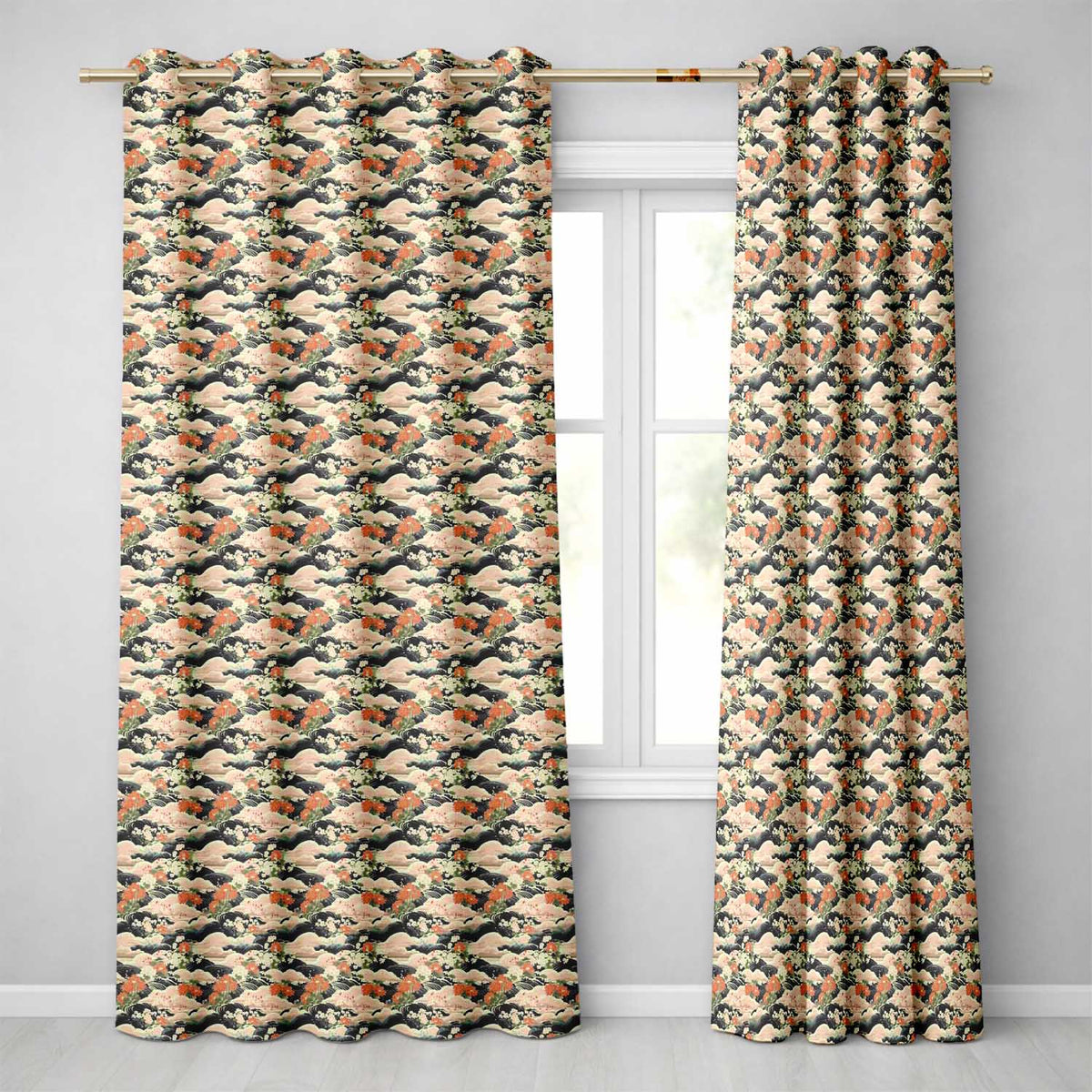 Vintage Floral Waves Chrysanthemum Seamless Pattern Art Readymade Eyelet Ring Top Thermal 100% Blackout Curtains