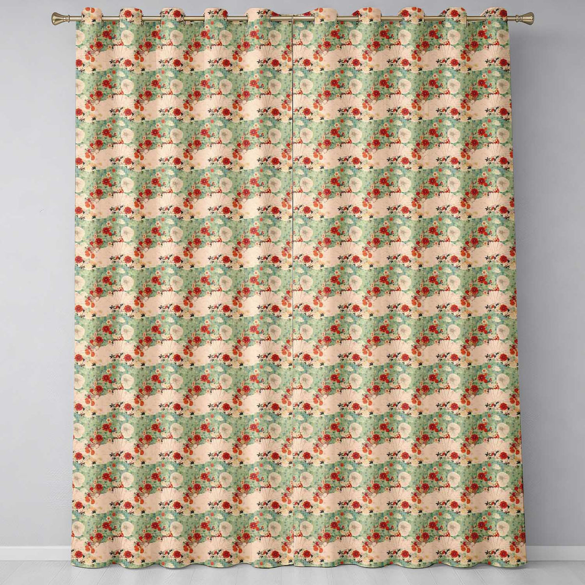 Japanese Fans Floral Blossom Soft Pastel Seamless Pattern Readymade Eyelet Ring Top Thermal 100% Blackout Curtains