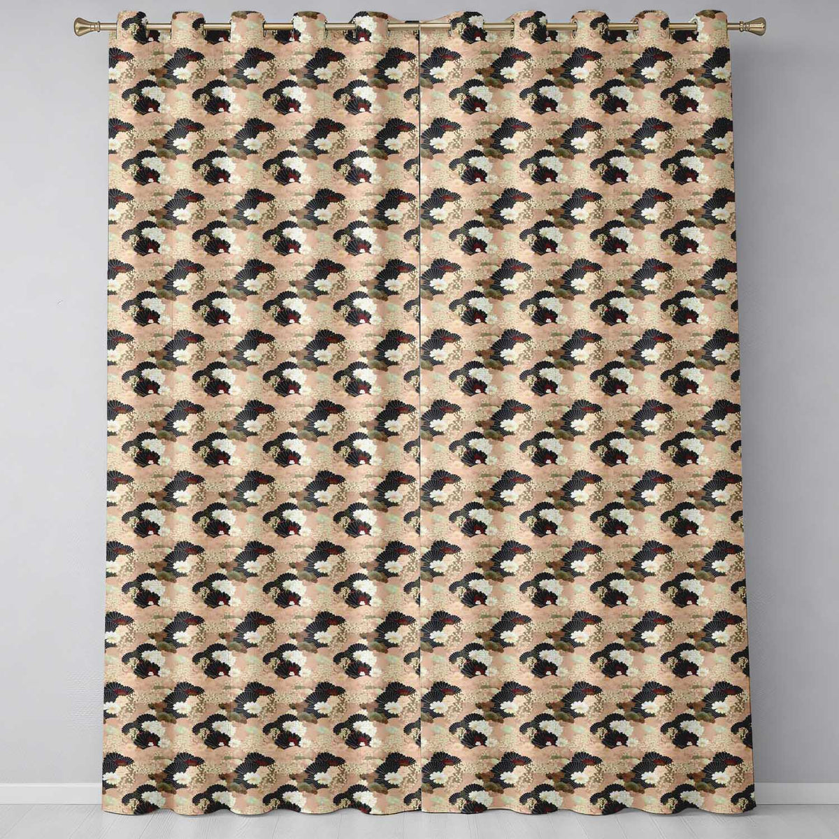 Elegant Gold Black Floral Fan Seamless Pattern Readymade Eyelet Ring Top Thermal 100% Blackout Curtains