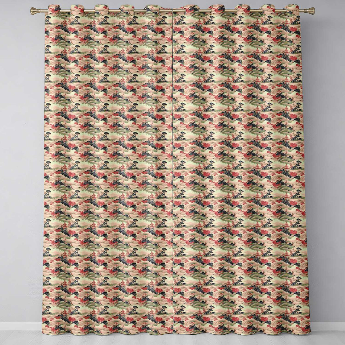 Classic Landscape Waves Red Trees Seamless Pattern Readymade Eyelet Ring Top Thermal 100% Blackout Curtains
