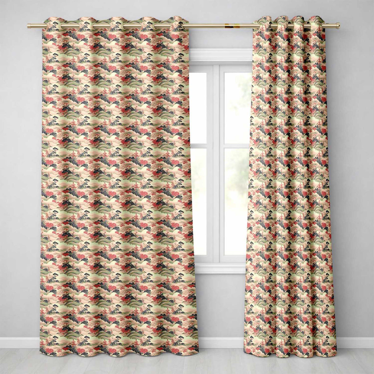 Classic Landscape Waves Red Trees Seamless Pattern Readymade Eyelet Ring Top Thermal 100% Blackout Curtains