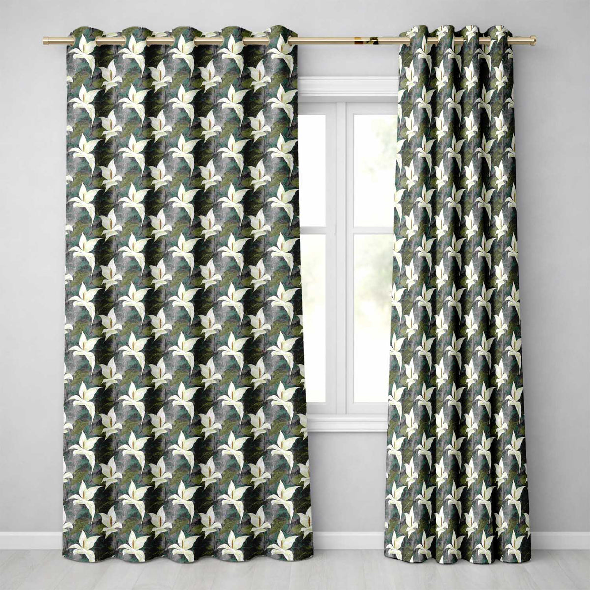 Elegant White Lily Floral Dark Leaves Seamless Pattern Readymade Eyelet Ring Top Thermal 100% Blackout Curtains