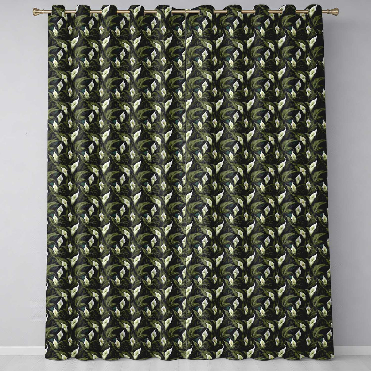 Dense Botanical Peace Lily Dark Foliage Seamless Pattern Readymade Eyelet Ring Top Thermal 100% Blackout Curtains