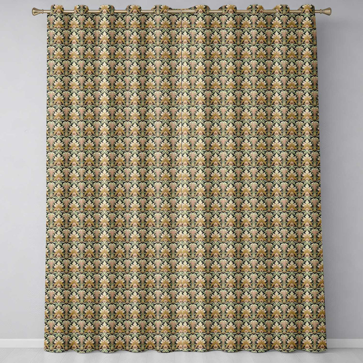 Luxury Gold Leaf Damask on Black Background Seamless Pattern Readymade Eyelet Ring Top Thermal 100% Blackout Curtains