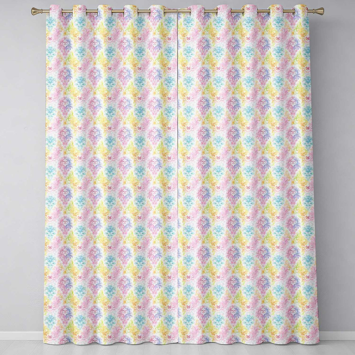 Pastel Rainbow Watercolor Damask Floral Seamless Pattern Readymade Eyelet Ring Top Thermal 100% Blackout Curtains