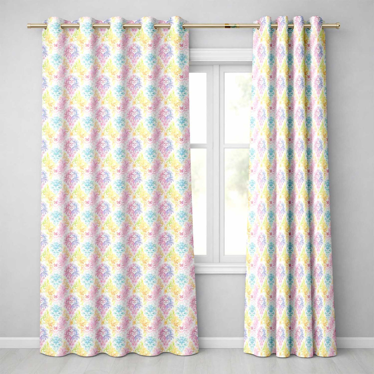 Pastel Rainbow Watercolor Damask Floral Seamless Pattern Readymade Eyelet Ring Top Thermal 100% Blackout Curtains