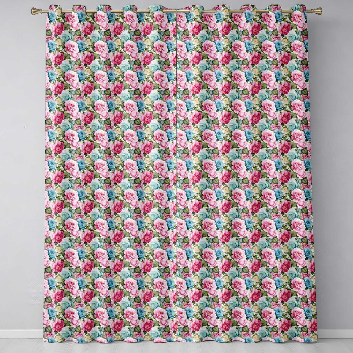 Elegant Pink Blue Rose Floral Seamless Pattern Readymade Eyelet Ring Top Thermal 100% Blackout Curtains