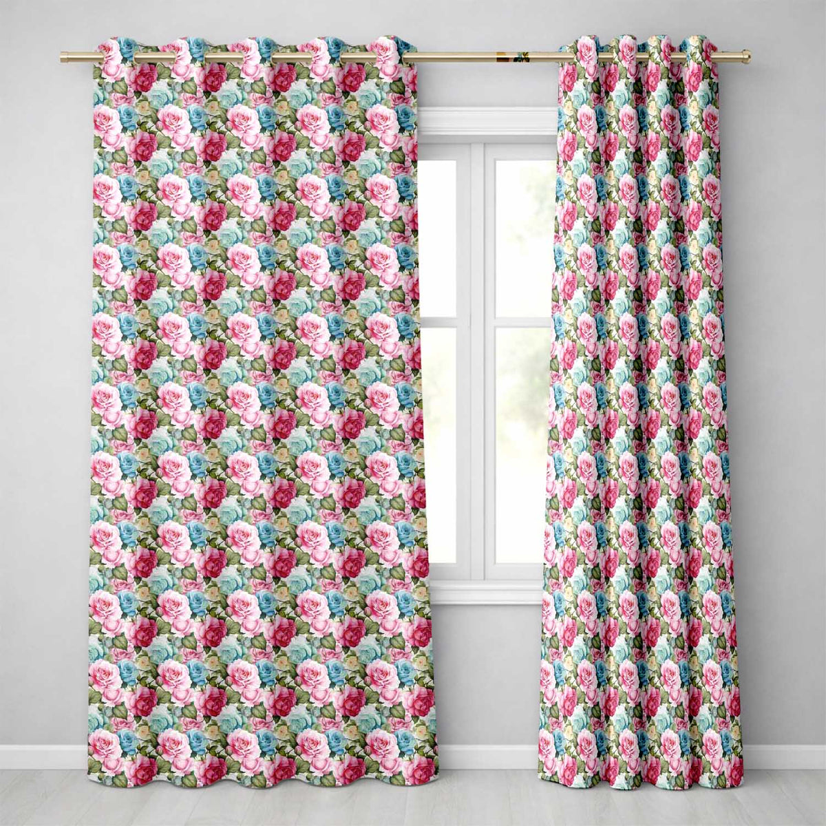 Elegant Pink Blue Rose Floral Seamless Pattern Readymade Eyelet Ring Top Thermal 100% Blackout Curtains