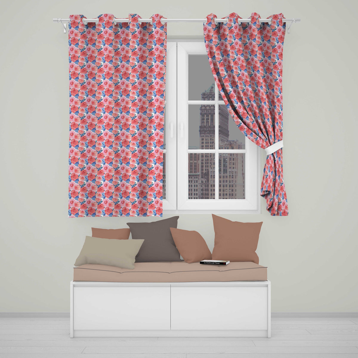 Soft Pink Blue Rose Floral Seamless Pattern Readymade Eyelet Ring Top Thermal 100% Blackout Curtains