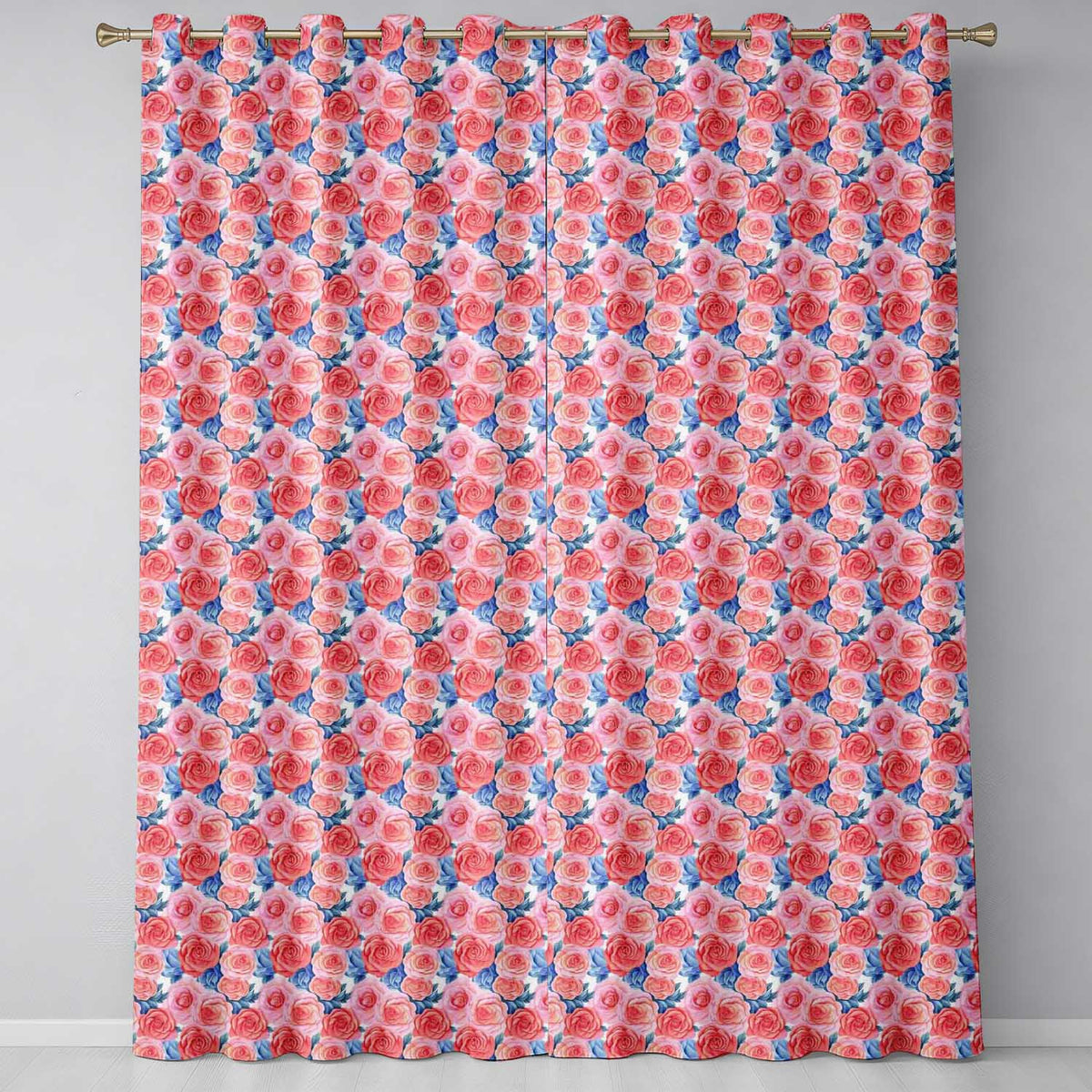Soft Pink Blue Rose Floral Seamless Pattern Readymade Eyelet Ring Top Thermal 100% Blackout Curtains