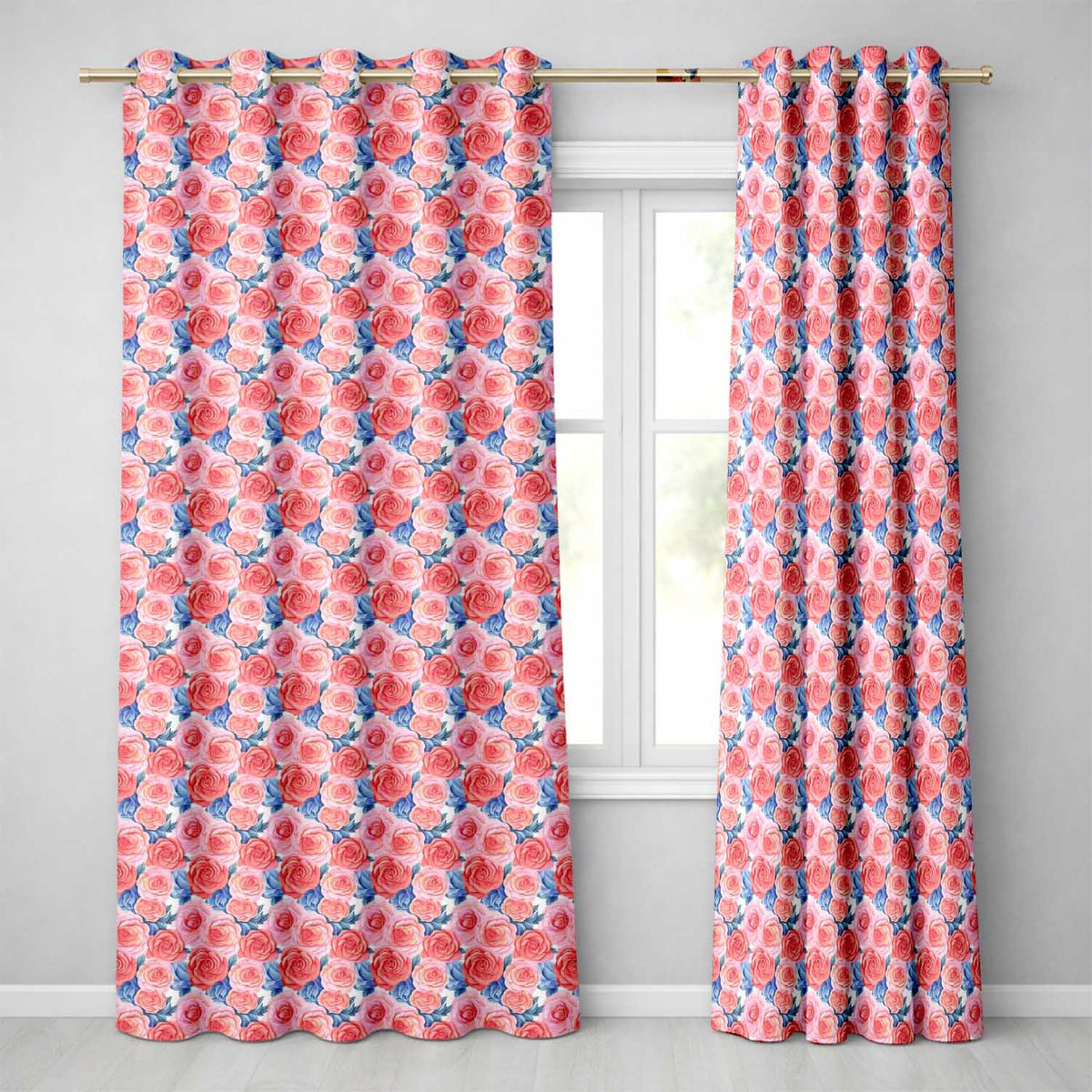 Soft Pink Blue Rose Floral Seamless Pattern Readymade Eyelet Ring Top Thermal 100% Blackout Curtains