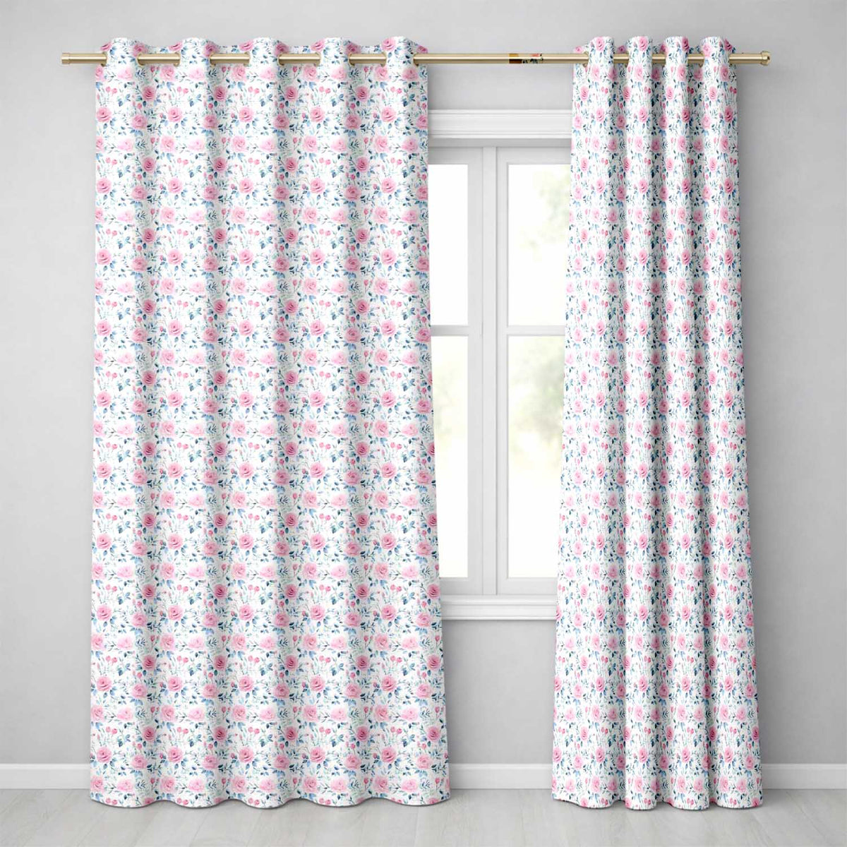 Soft Pink Blue Rose Floral Delicate Seamless Pattern Readymade Eyelet Ring Top Thermal 100% Blackout Curtains