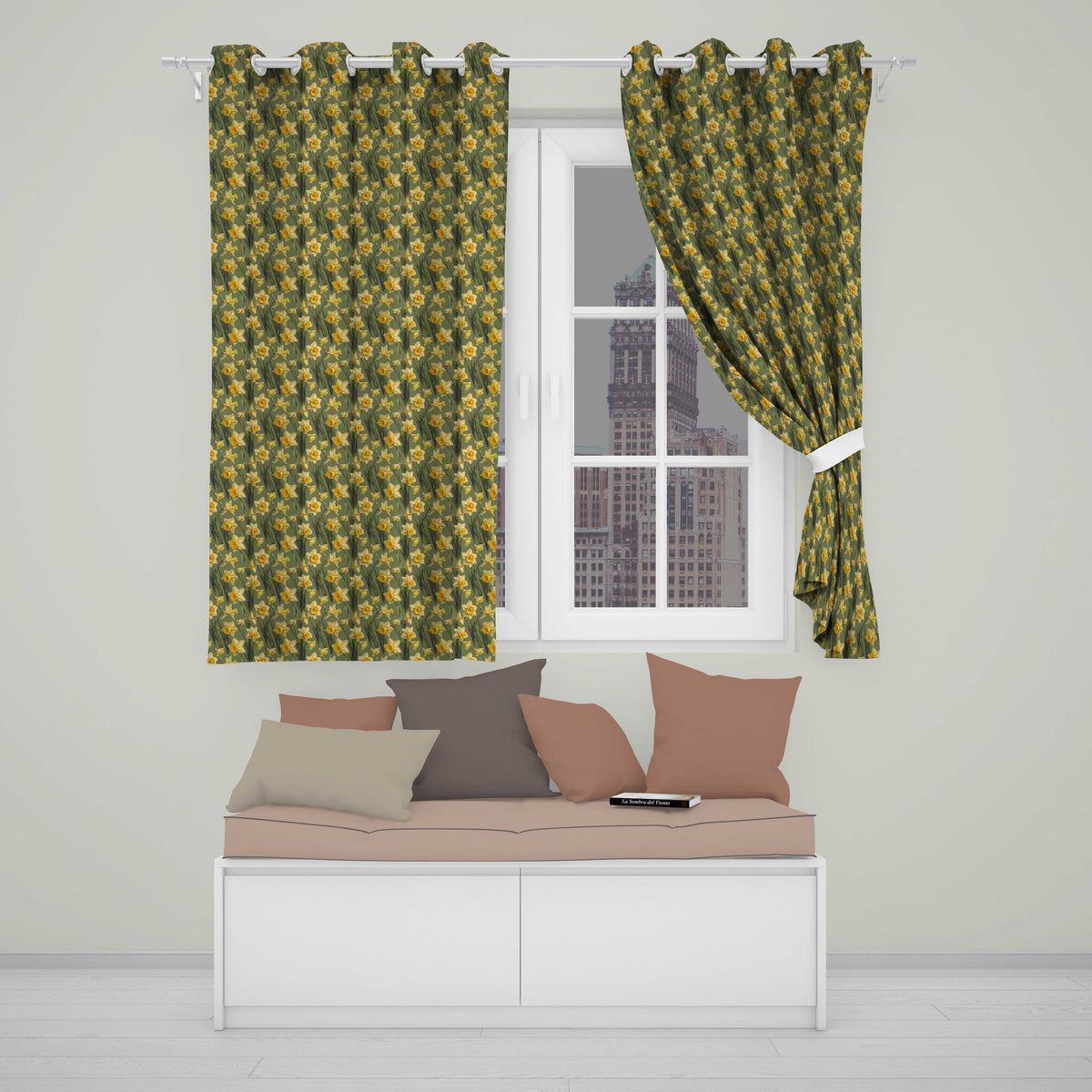 Soft Yellow Daffodil Meadow Floral Seamless Pattern Readymade Eyelet Ring Top Thermal 100% Blackout Curtains