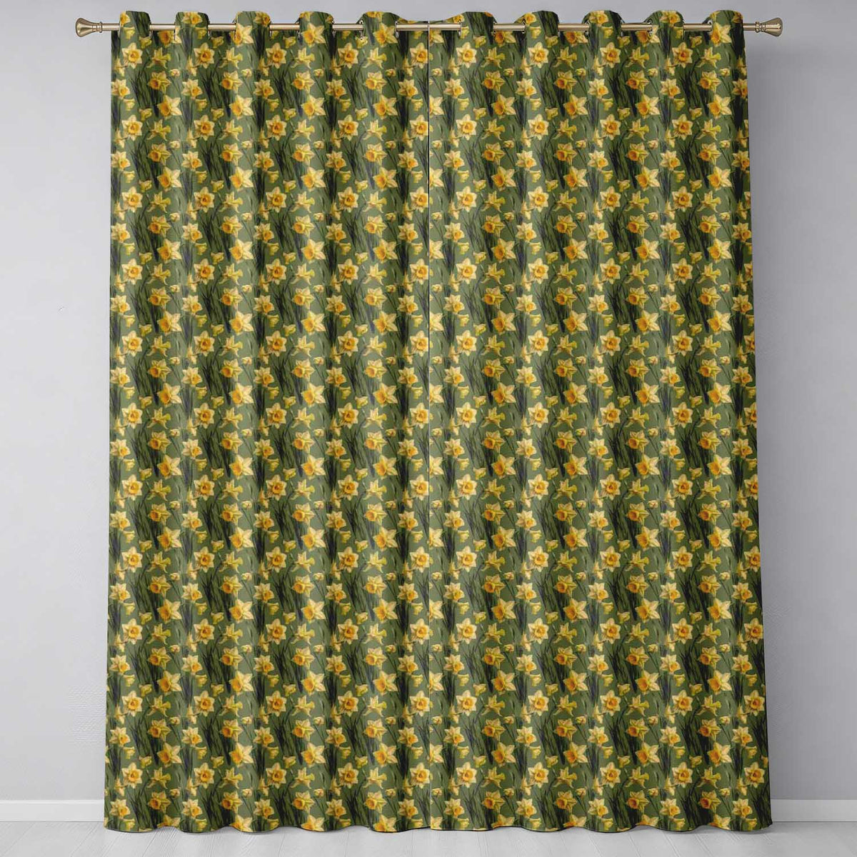 Soft Yellow Daffodil Meadow Floral Seamless Pattern Readymade Eyelet Ring Top Thermal 100% Blackout Curtains