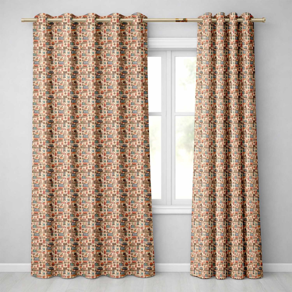 Vintage Kitchen Coffee Tools Appliances Seamless Pattern Readymade Eyelet Ring Top Thermal 100% Blackout Curtains