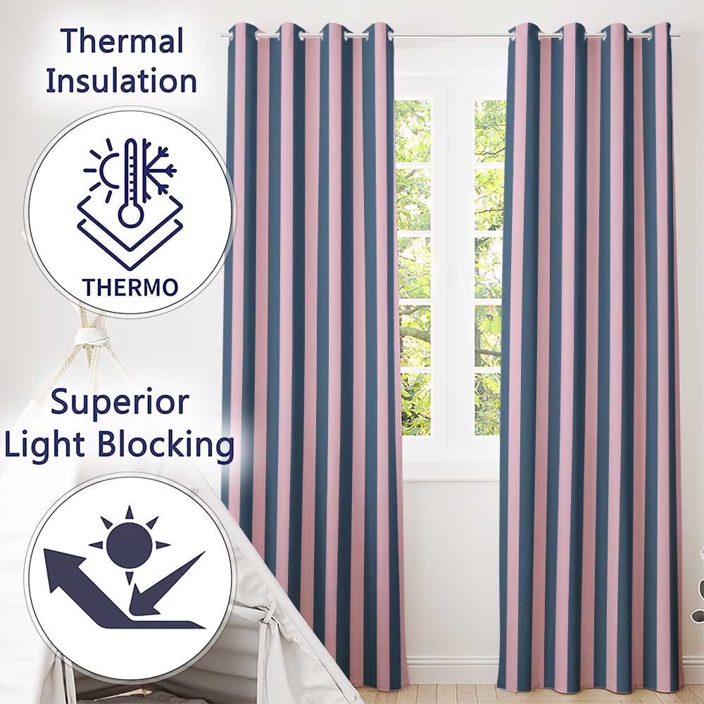 Wavy Navy Blue and Soft Pink Vertical Stripes Seamless Pattern Readymade Eyelet Ring Top Thermal 100% Blackout Curtains