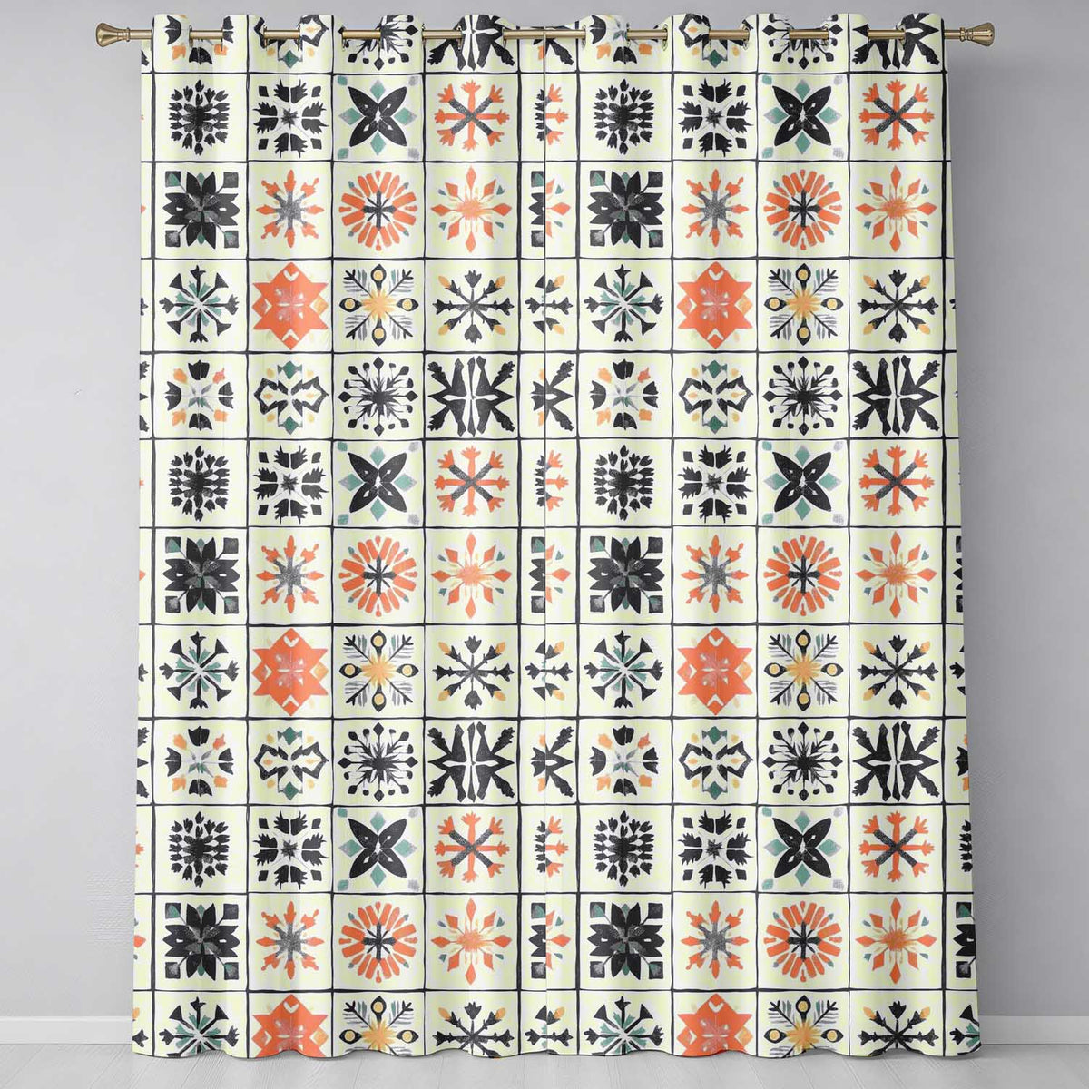 Abstract Geometric Floral Tile Motif Seamless Pattern Readymade Eyelet Ring Top Thermal 100% Blackout Curtains