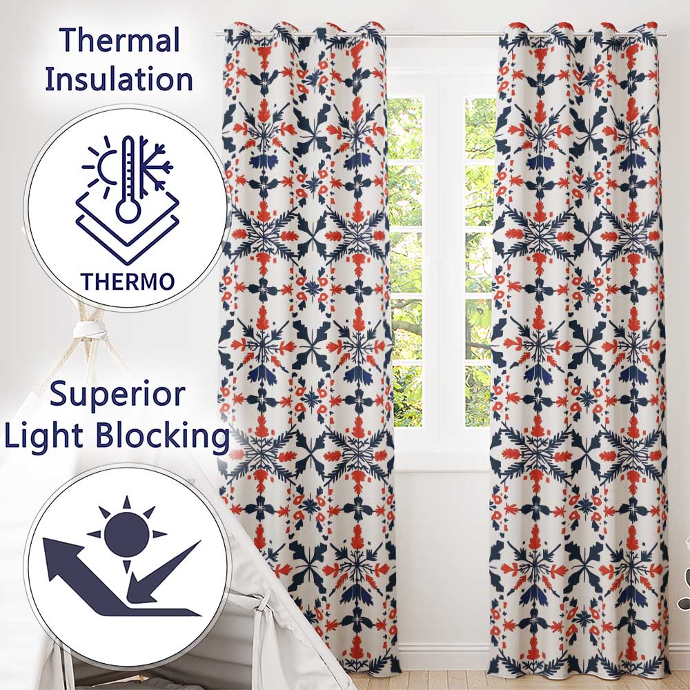 Scandinavian Folk Art Red Blue Floral Seamless Pattern Readymade Eyelet Ring Top Thermal 100% Blackout Curtains