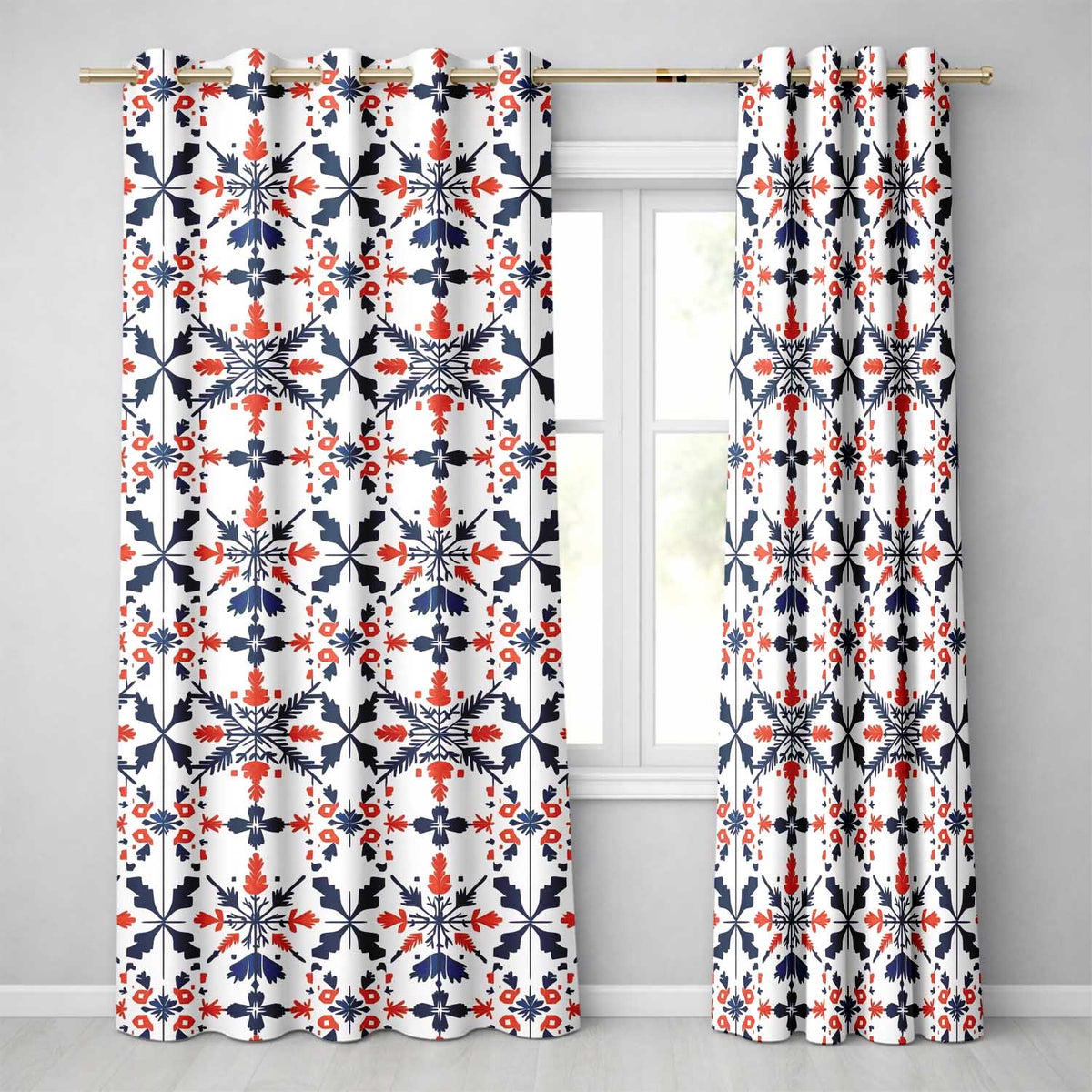 Scandinavian Folk Art Red Blue Floral Seamless Pattern Readymade Eyelet Ring Top Thermal 100% Blackout Curtains