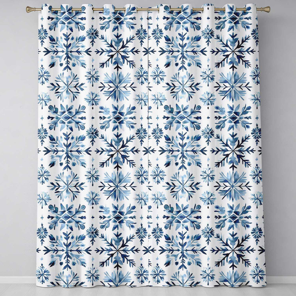Blue Watercolor Snowflake Botanical Seamless Pattern Readymade Eyelet Ring Top Thermal 100% Blackout Curtains