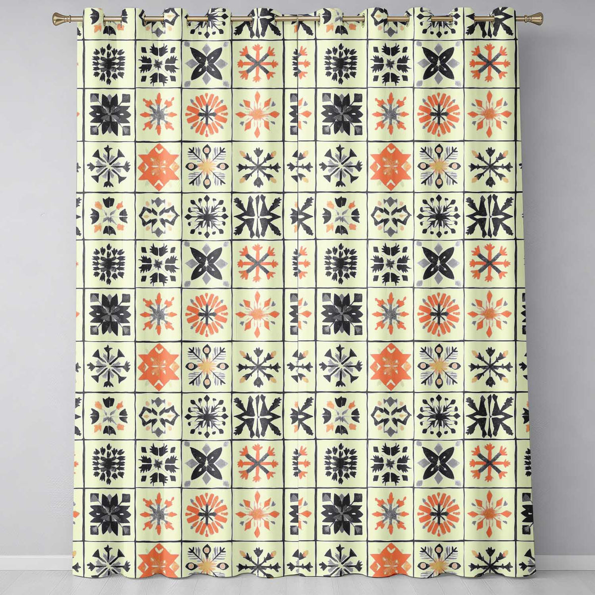 Rustic Folk Tile Snowflake Grid Seamless Pattern Readymade Eyelet Ring Top Thermal 100% Blackout Curtains