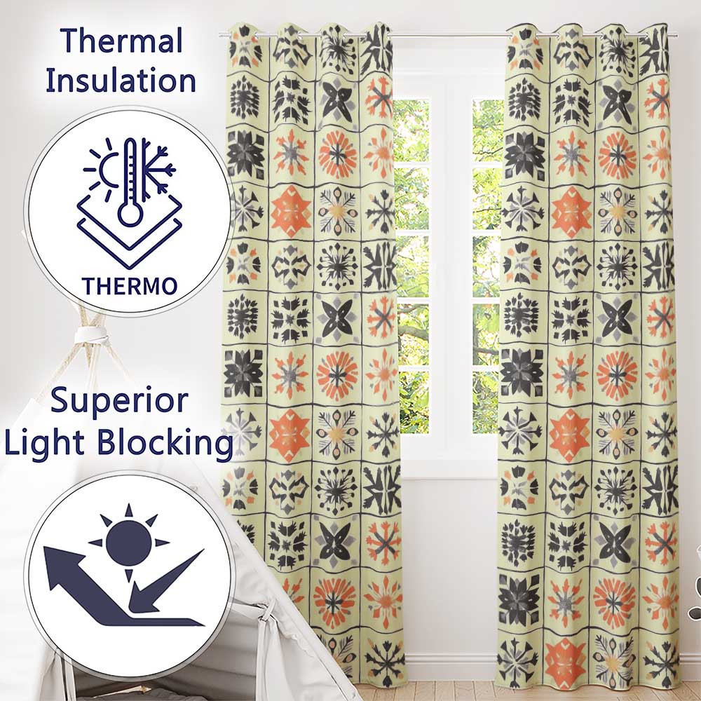 Rustic Folk Tile Snowflake Grid Seamless Pattern Readymade Eyelet Ring Top Thermal 100% Blackout Curtains