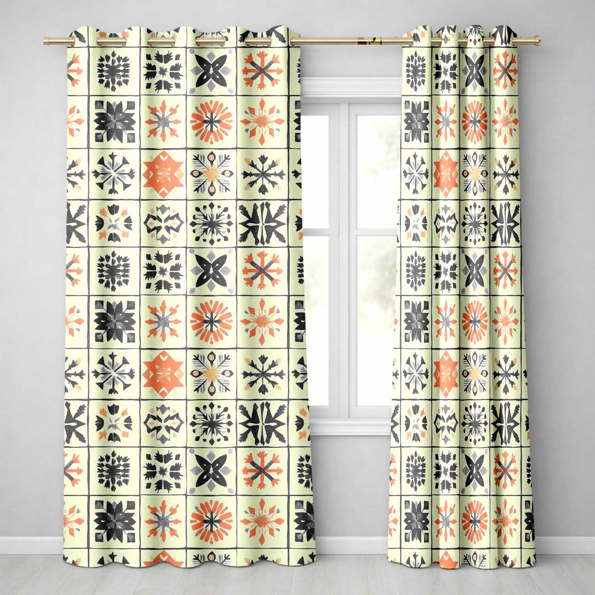 Rustic Folk Tile Snowflake Grid Seamless Pattern Readymade Eyelet Ring Top Thermal 100% Blackout Curtains