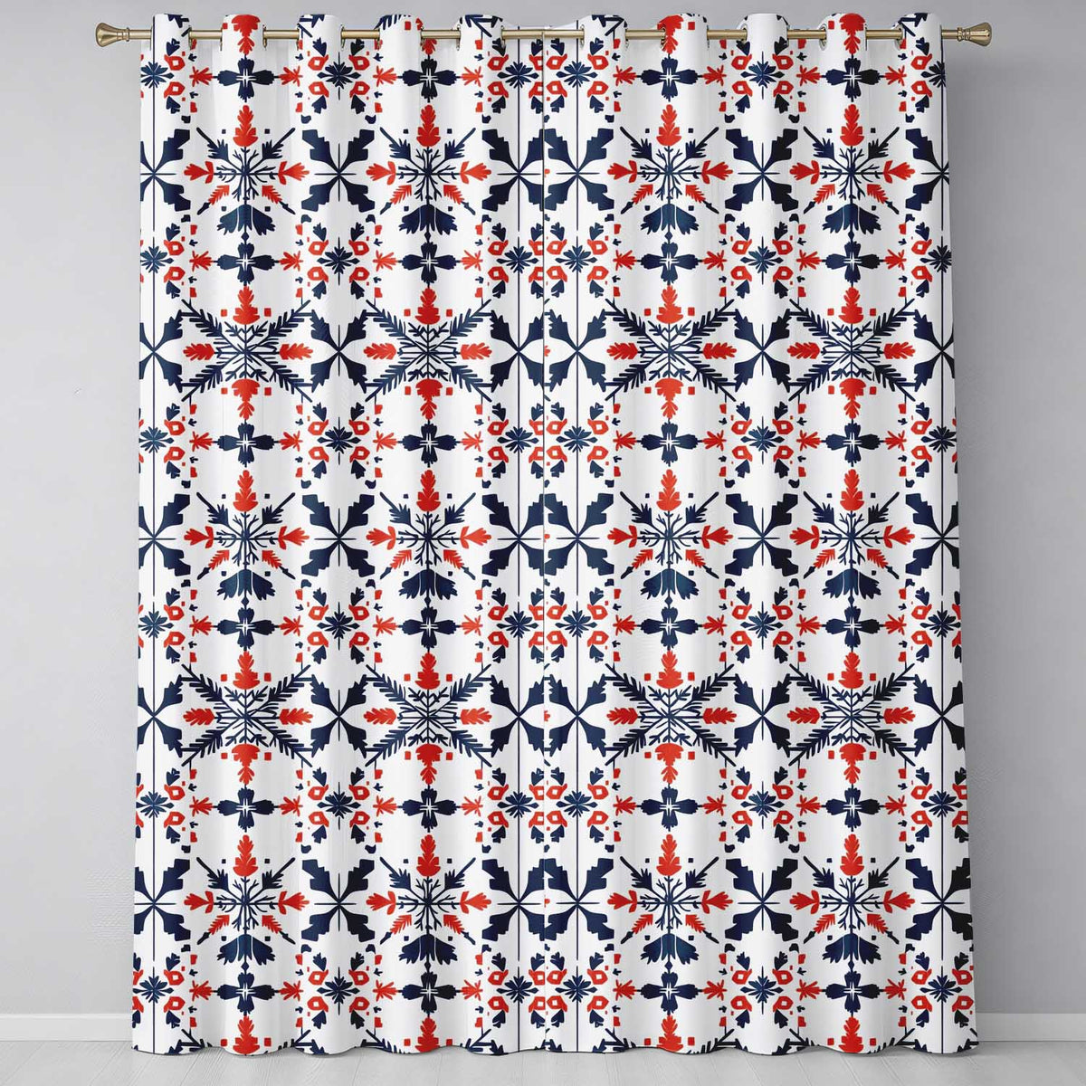 Nordic Folk Art Red Blue Symmetrical Floral Seamless Pattern Readymade Eyelet Ring Top Thermal 100% Blackout Curtains