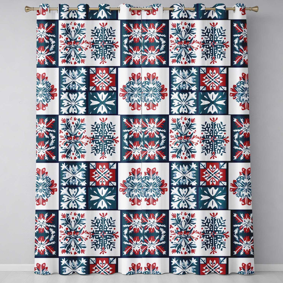 Patchwork Folk Tile Snowflake Blue Red Seamless Pattern Readymade Eyelet Ring Top Thermal 100% Blackout Curtains