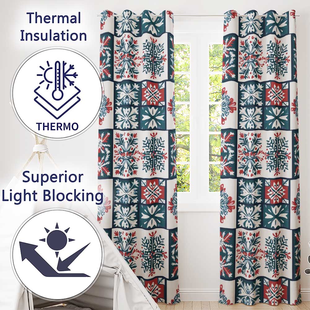 Patchwork Folk Tile Snowflake Blue Red Seamless Pattern Readymade Eyelet Ring Top Thermal 100% Blackout Curtains