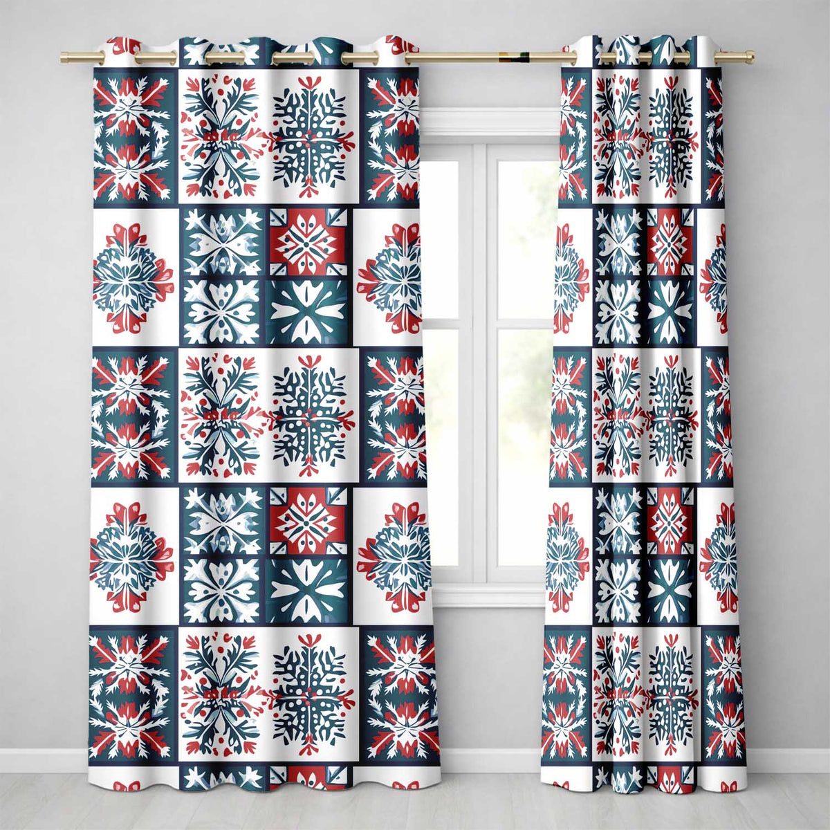 Patchwork Folk Tile Snowflake Blue Red Seamless Pattern Readymade Eyelet Ring Top Thermal 100% Blackout Curtains