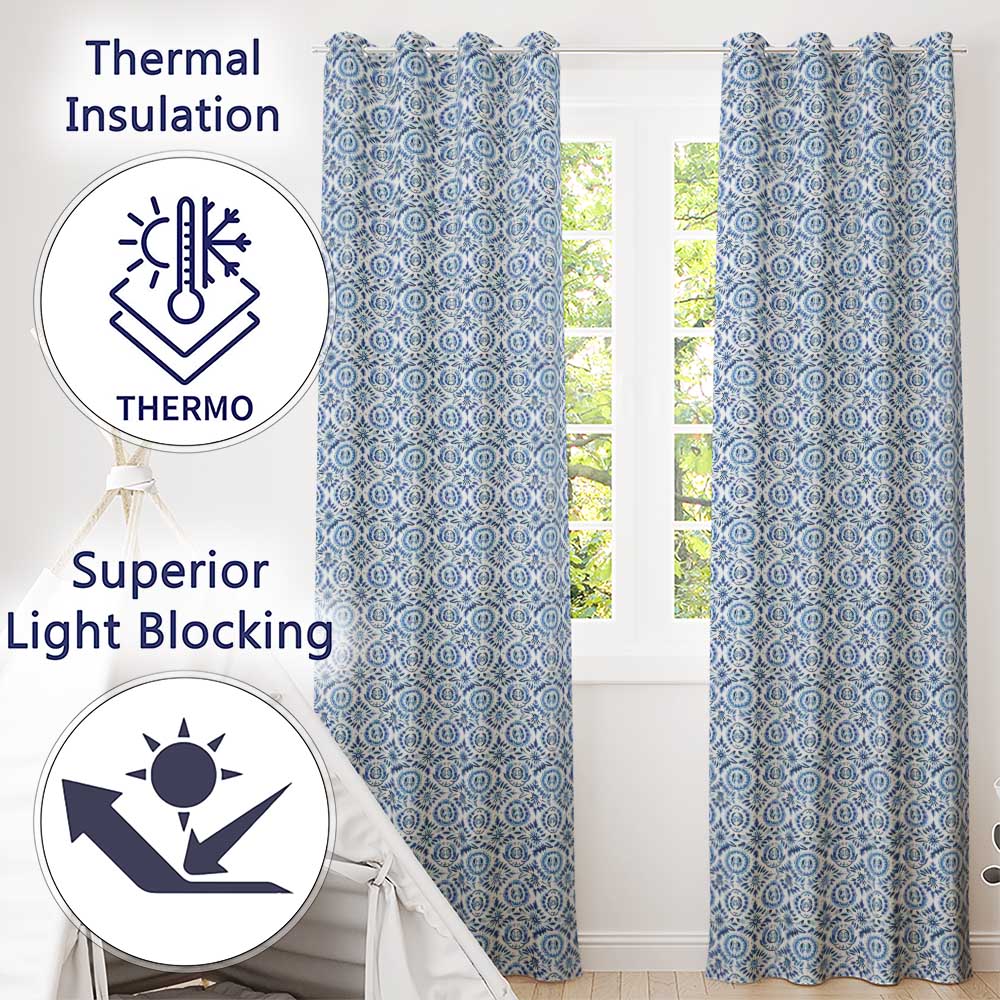 Blue Folk Art Ornamental Seamless Pattern Readymade Eyelet Ring Top Thermal 100% Blackout Curtains