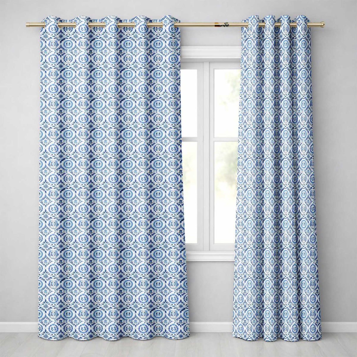Blue Folk Art Ornamental Seamless Pattern Readymade Eyelet Ring Top Thermal 100% Blackout Curtains