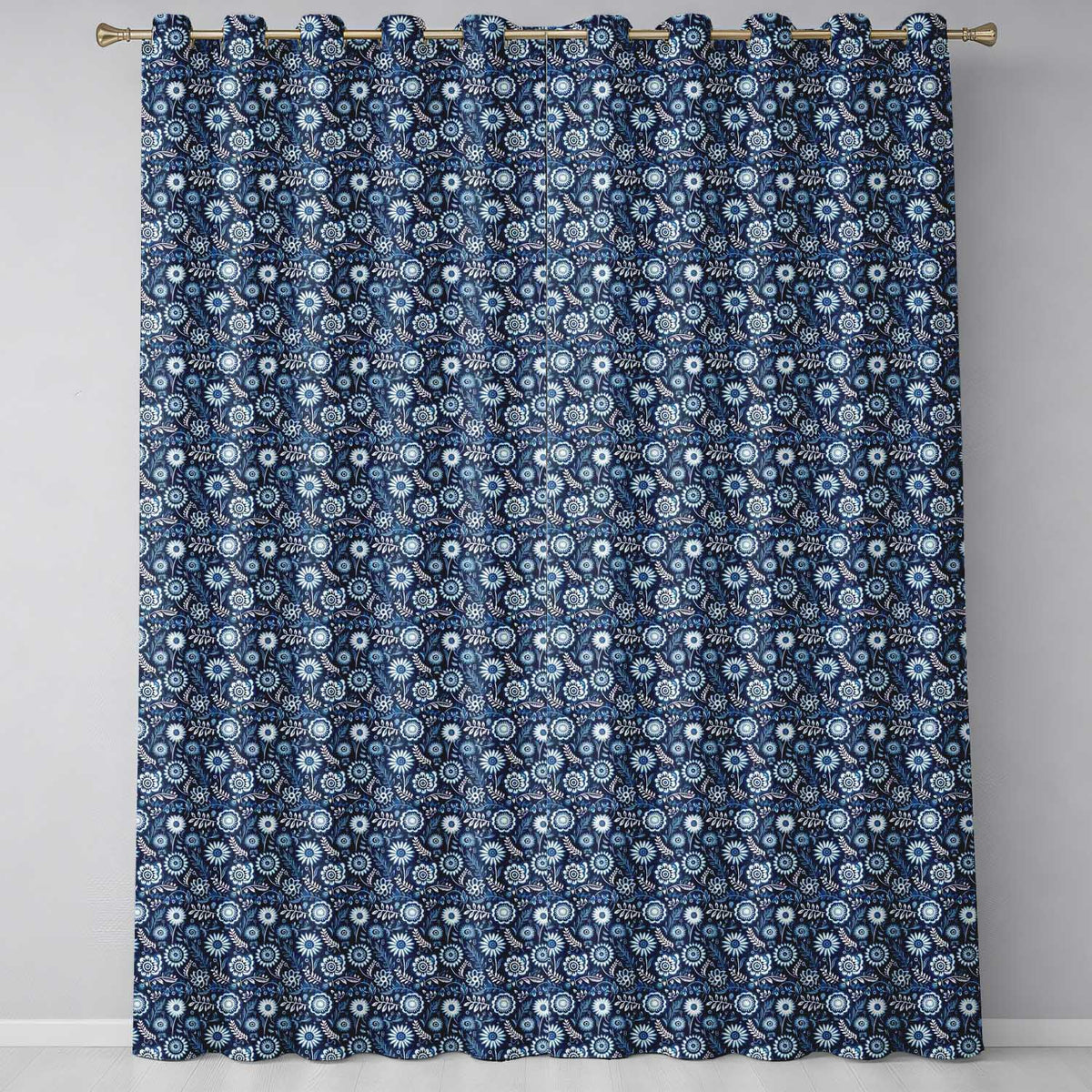 Navy Blue Floral Meadow Botanical Seamless Pattern Readymade Eyelet Ring Top Thermal 100% Blackout Curtains