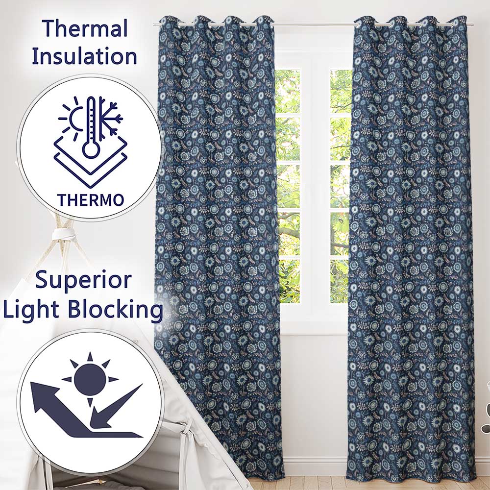 Navy Blue Floral Meadow Botanical Seamless Pattern Readymade Eyelet Ring Top Thermal 100% Blackout Curtains