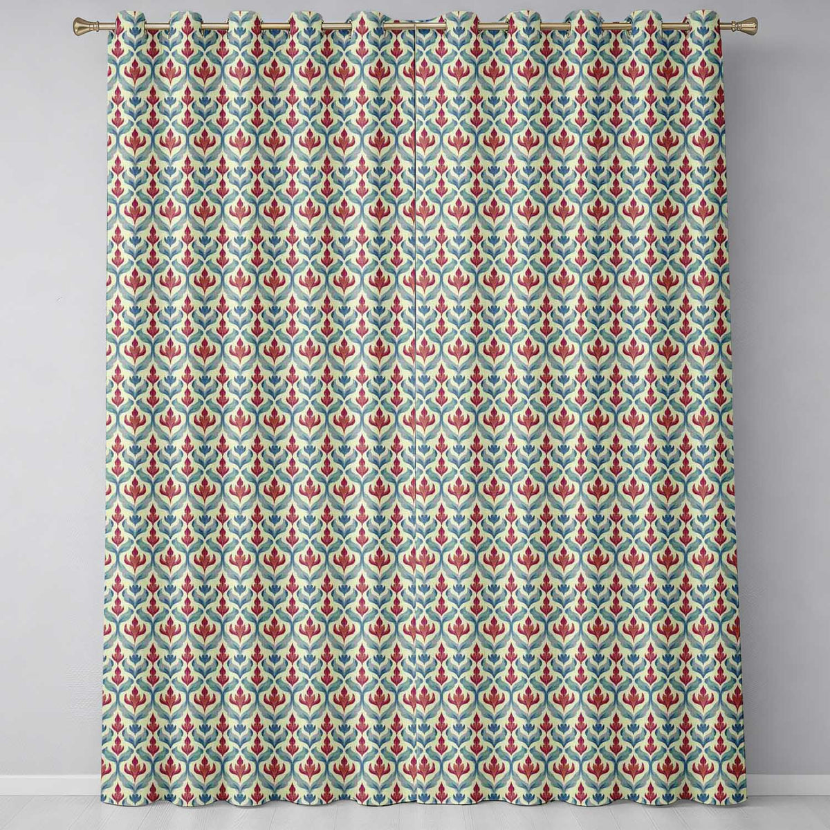 Soft Red Blue Botanical Leaf Repeat Seamless Pattern Readymade Eyelet Ring Top Thermal 100% Blackout Curtains
